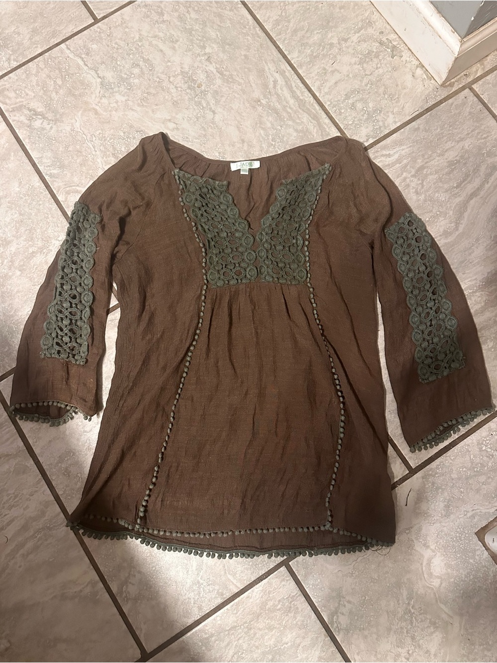 Jade Brown Tunic with Olive Crochet Insets